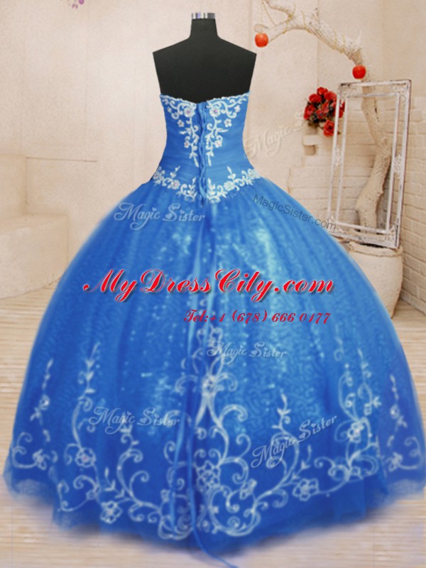 Romantic Blue Lace Up Sweetheart Beading and Appliques Ball Gown Prom Dress Tulle Sleeveless