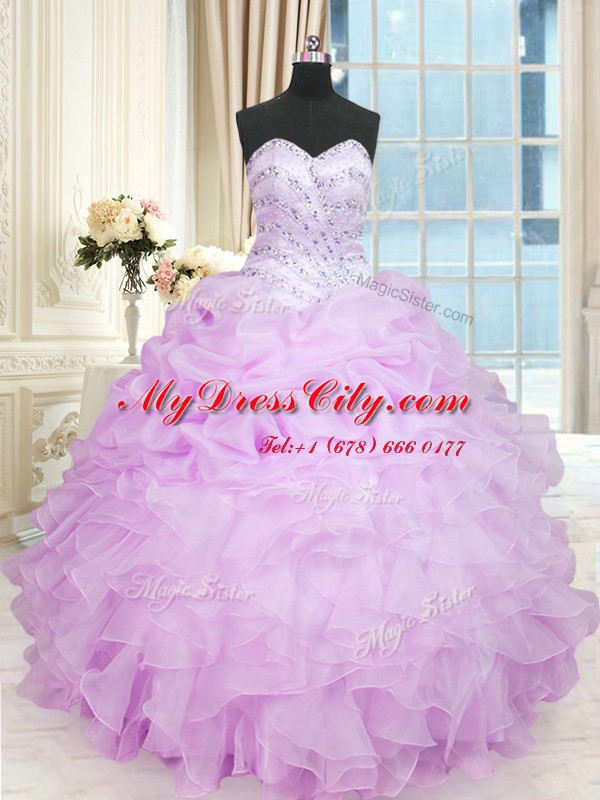 Graceful Floor Length Lace Up Vestidos de Quinceanera Lilac for Military Ball and Sweet 16 and Quinceanera with Beading and Ruffles