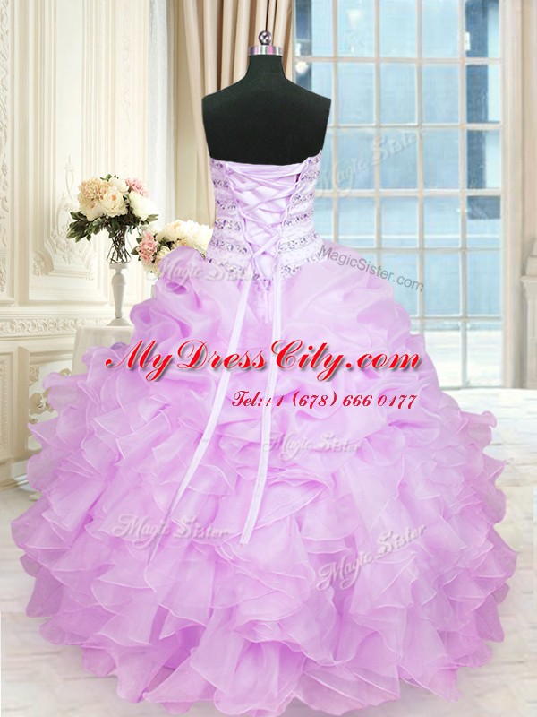 Graceful Floor Length Lace Up Vestidos de Quinceanera Lilac for Military Ball and Sweet 16 and Quinceanera with Beading and Ruffles