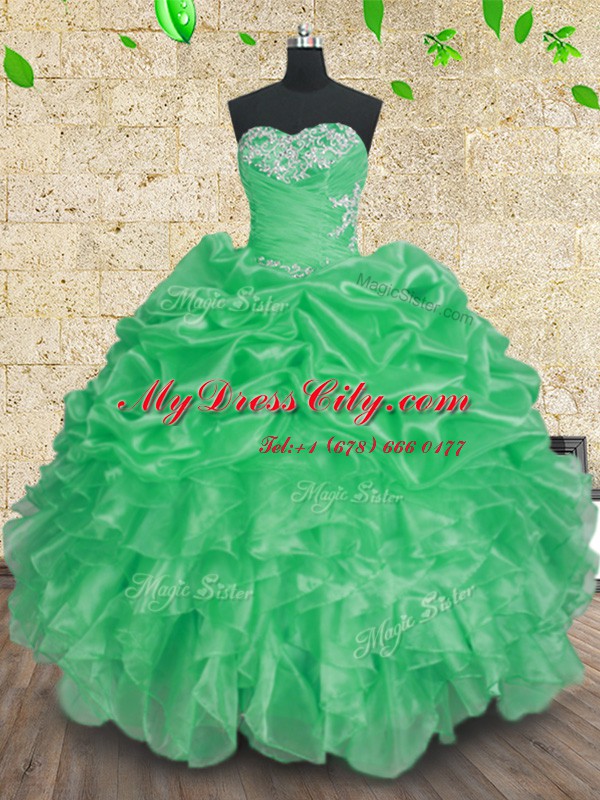 Green Ball Gowns Beading and Appliques and Ruffles and Ruching Sweet 16 Quinceanera Dress Lace Up Organza Sleeveless Floor Length