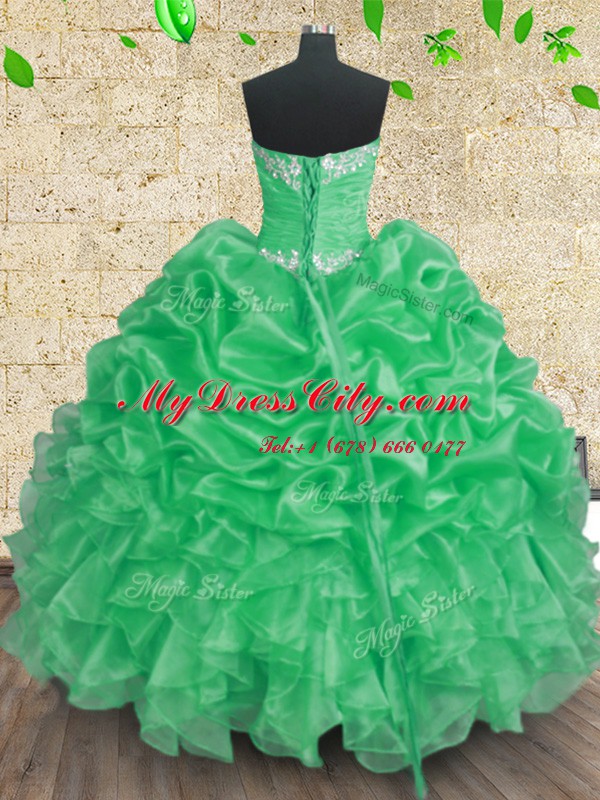 Green Ball Gowns Beading and Appliques and Ruffles and Ruching Sweet 16 Quinceanera Dress Lace Up Organza Sleeveless Floor Length