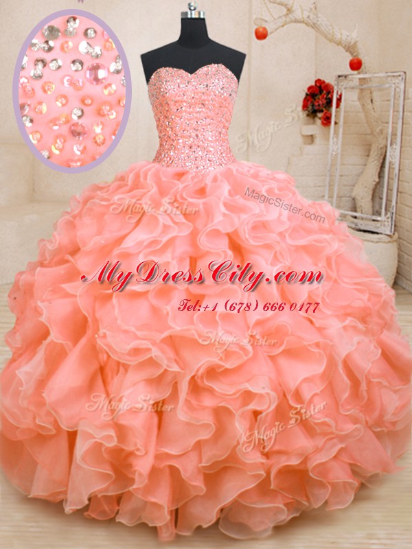 Glamorous Floor Length Ball Gowns Sleeveless Pink Quinceanera Gown Lace Up