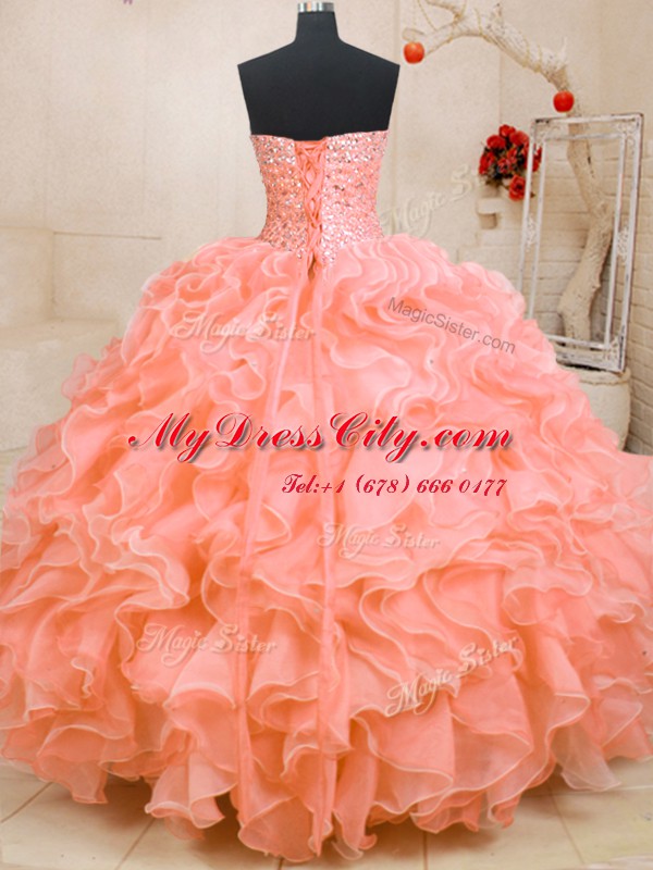 Glamorous Floor Length Ball Gowns Sleeveless Pink Quinceanera Gown Lace Up