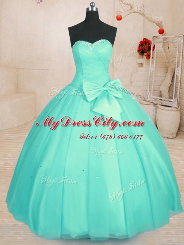 Aqua Blue Ball Gowns Beading and Bowknot Ball Gown Prom Dress Lace Up Tulle Sleeveless Floor Length