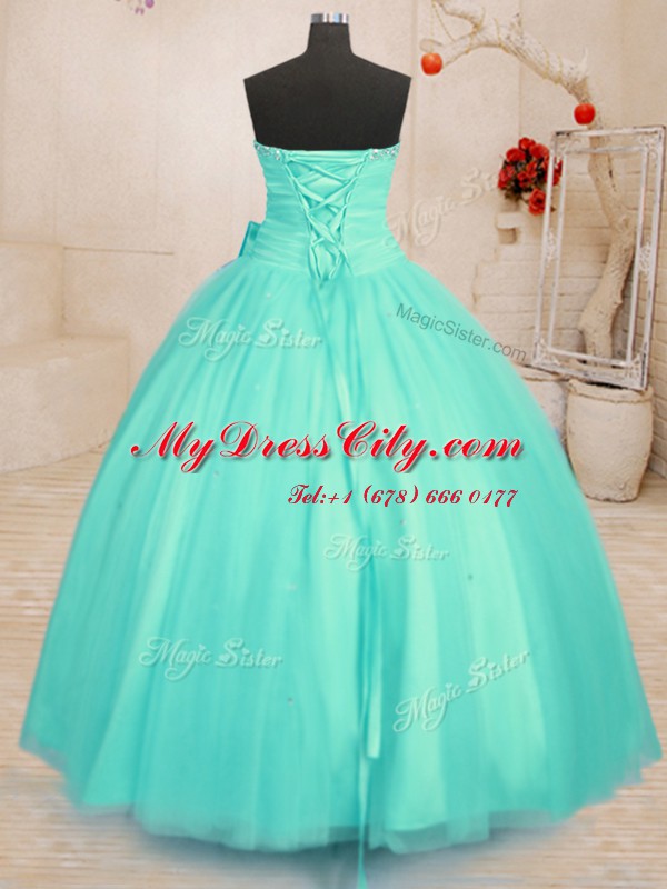 Aqua Blue Ball Gowns Beading and Bowknot Ball Gown Prom Dress Lace Up Tulle Sleeveless Floor Length