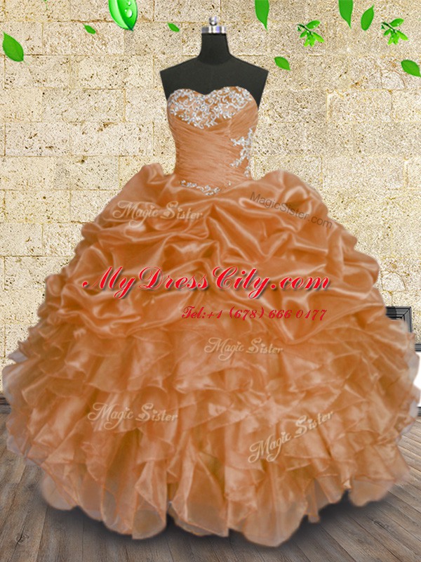 Great Floor Length Lace Up Sweet 16 Dress Orange for Military Ball and Sweet 16 and Quinceanera with Beading and Appliques and Ruffles and Sequins