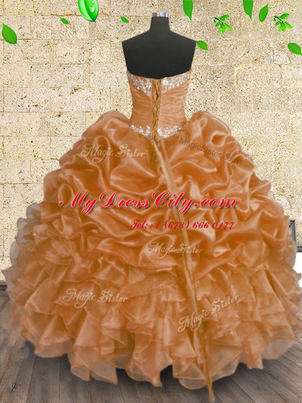 Great Floor Length Lace Up Sweet 16 Dress Orange for Military Ball and Sweet 16 and Quinceanera with Beading and Appliques and Ruffles and Sequins
