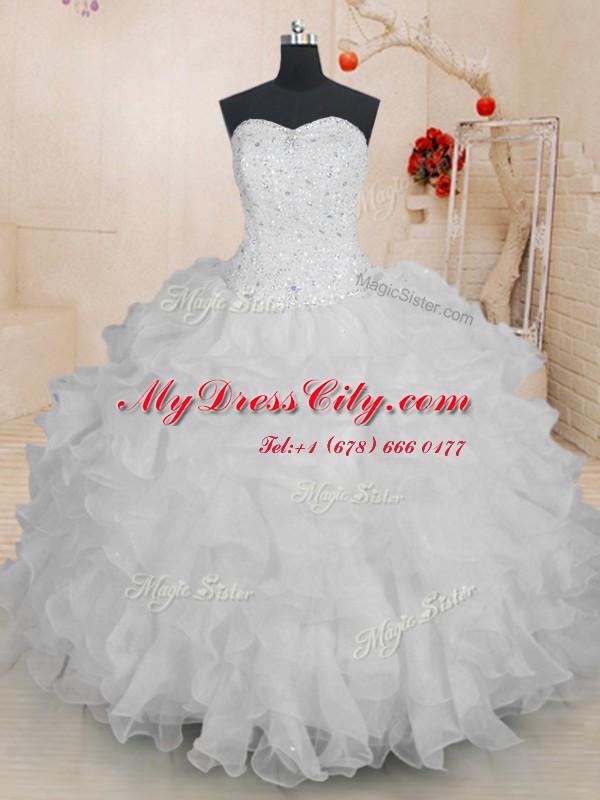 Glorious Floor Length Lace Up Vestidos de Quinceanera White for Military Ball and Sweet 16 and Quinceanera with Beading and Ruffles