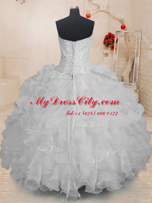 Glorious Floor Length Lace Up Vestidos de Quinceanera White for Military Ball and Sweet 16 and Quinceanera with Beading and Ruffles