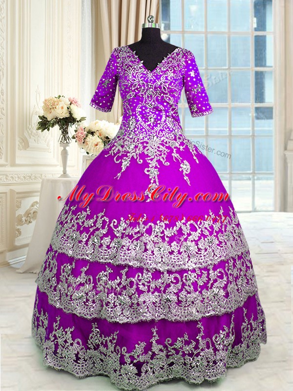 Glorious Floor Length Zipper Sweet 16 Quinceanera Dress Purple for Military Ball and Sweet 16 and Quinceanera with Appliques and Ruffled Layers