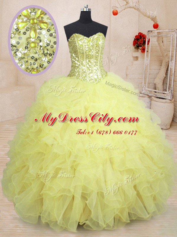 Sweetheart Sleeveless Sweet 16 Dresses Floor Length Beading and Ruffles Light Yellow Organza