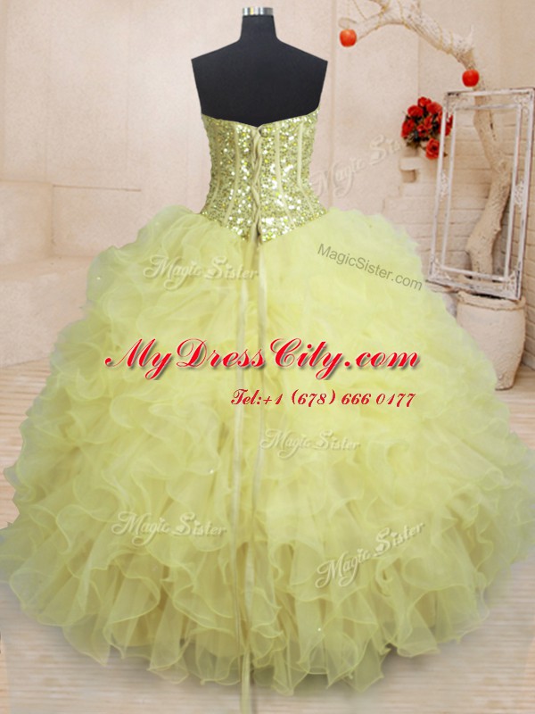 Sweetheart Sleeveless Sweet 16 Dresses Floor Length Beading and Ruffles Light Yellow Organza