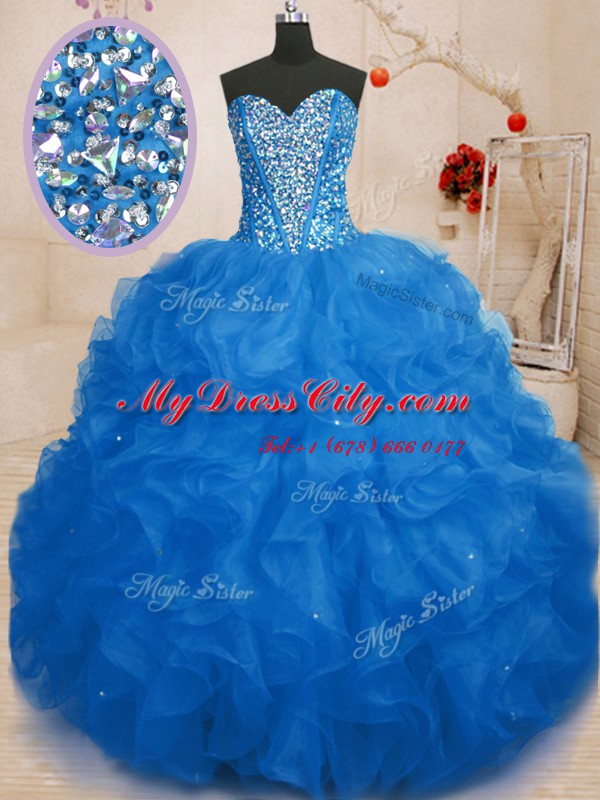 Sweet Blue Lace Up Quinceanera Dress Beading and Ruffles Sleeveless Floor Length