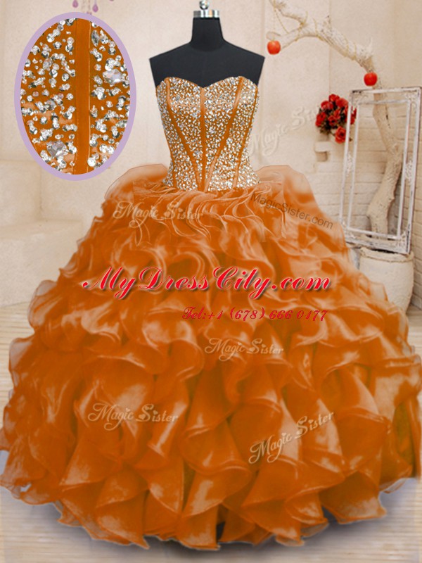 Attractive Orange Lace Up Quinceanera Dress Beading and Ruffles Sleeveless Floor Length
