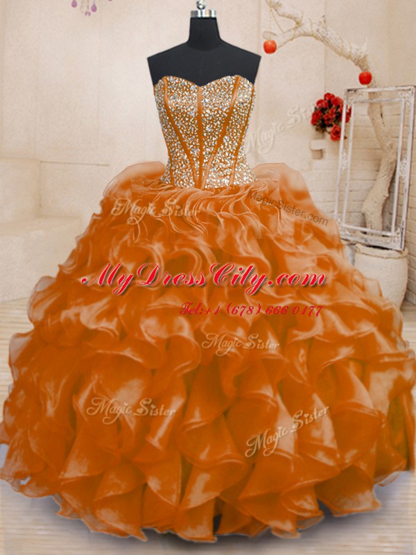 Attractive Orange Lace Up Quinceanera Dress Beading and Ruffles Sleeveless Floor Length