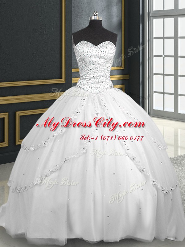 Glittering White Sweetheart Lace Up Beading and Appliques Quinceanera Dresses Brush Train Sleeveless