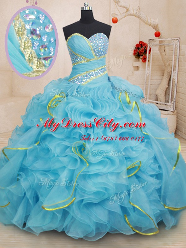 Great Sleeveless Brush Train Lace Up With Train Beading and Ruffles 15 Quinceanera Dress