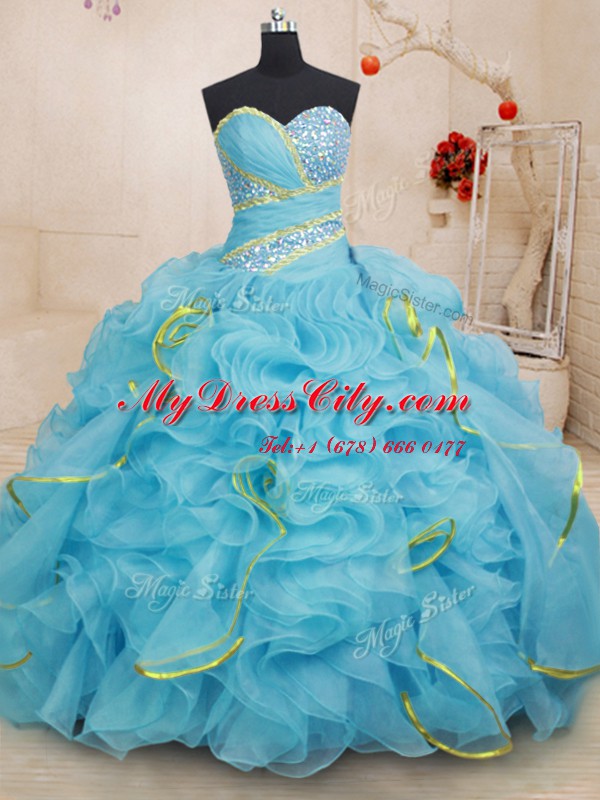 Great Sleeveless Brush Train Lace Up With Train Beading and Ruffles 15 Quinceanera Dress