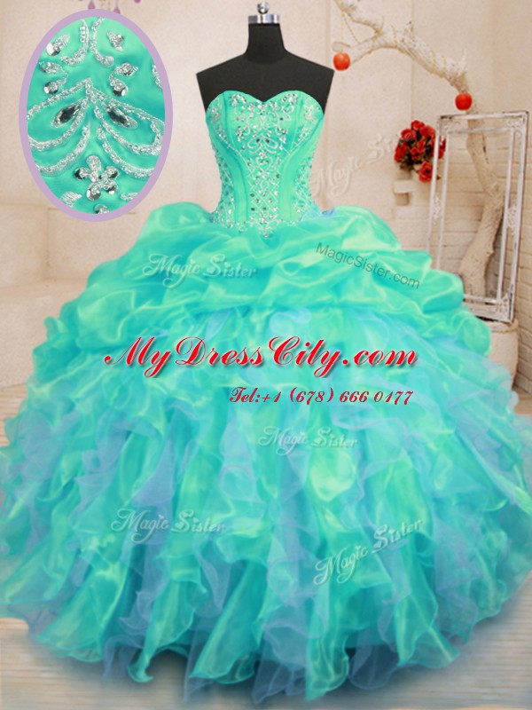 Inexpensive Floor Length Lace Up 15 Quinceanera Dress Turquoise for Military Ball and Sweet 16 and Quinceanera with Beading and Ruffles