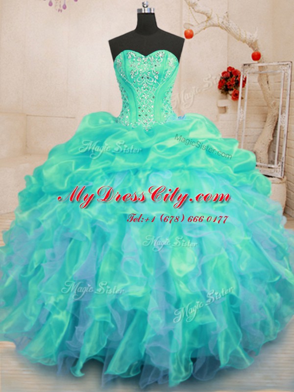 Inexpensive Floor Length Lace Up 15 Quinceanera Dress Turquoise for Military Ball and Sweet 16 and Quinceanera with Beading and Ruffles