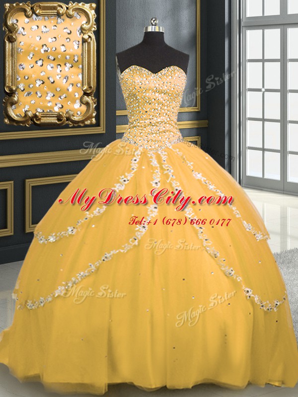 Gold Lace Up Sweetheart Beading and Appliques Quince Ball Gowns Tulle Sleeveless Brush Train