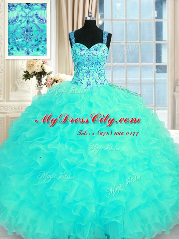 Aqua Blue Organza Lace Up Quince Ball Gowns Sleeveless Floor Length Embroidery and Ruffles