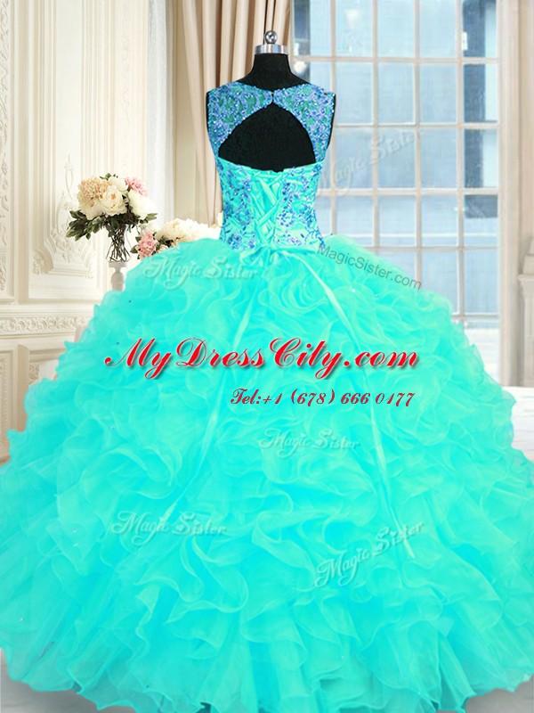 Aqua Blue Organza Lace Up Quince Ball Gowns Sleeveless Floor Length Embroidery and Ruffles