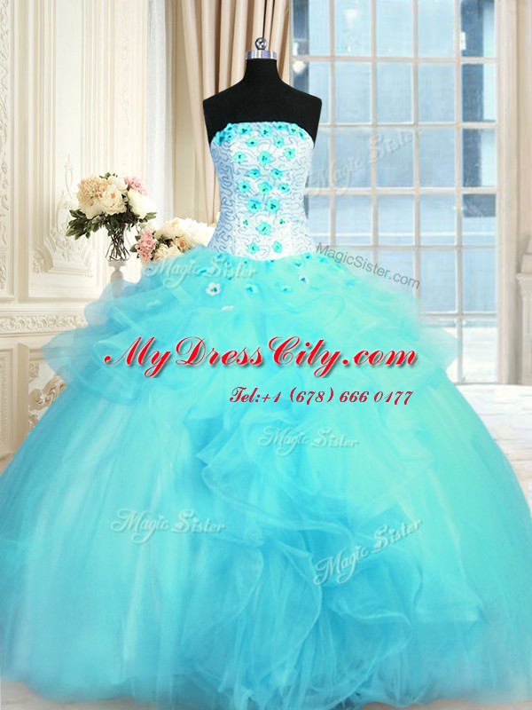 Aqua Blue Ball Gowns Tulle Strapless Sleeveless Pick Ups and Hand Made Flower Floor Length Lace Up Quinceanera Gown