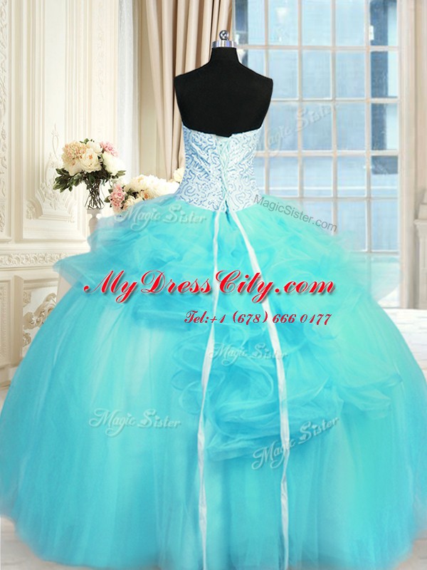 Aqua Blue Ball Gowns Tulle Strapless Sleeveless Pick Ups and Hand Made Flower Floor Length Lace Up Quinceanera Gown