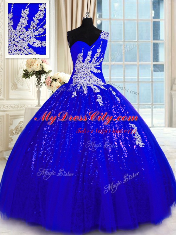 Glamorous Royal Blue Quinceanera Gowns Military Ball and Sweet 16 and Quinceanera and For with Appliques One Shoulder Sleeveless Lace Up