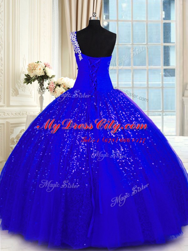 Glamorous Royal Blue Quinceanera Gowns Military Ball and Sweet 16 and Quinceanera and For with Appliques One Shoulder Sleeveless Lace Up