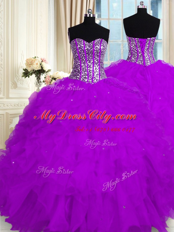 Purple Sleeveless Floor Length Beading and Ruffles Lace Up Quince Ball Gowns