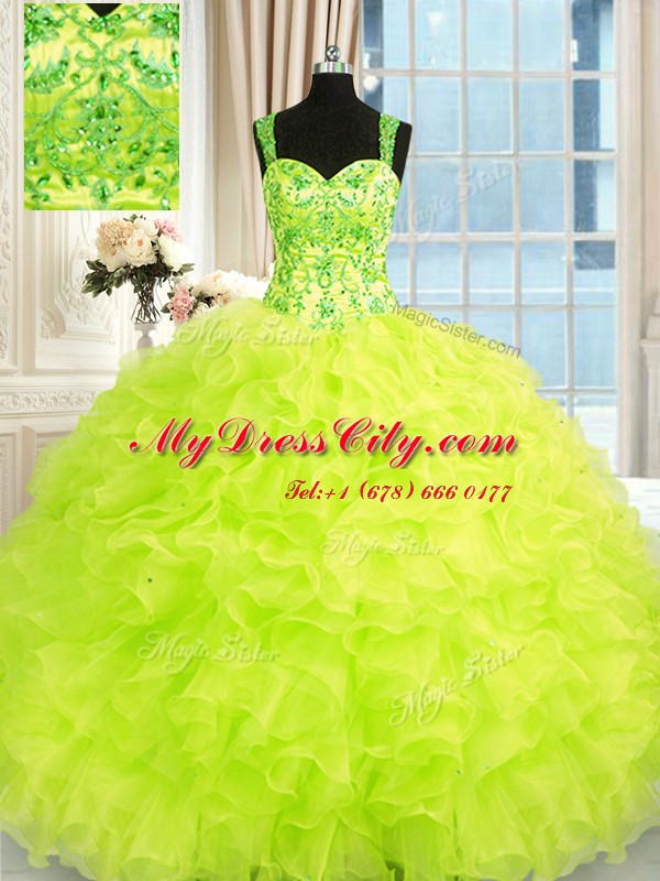 Top Selling Organza Straps Sleeveless Lace Up Beading and Embroidery and Ruffles Quinceanera Dresses in Yellow Green