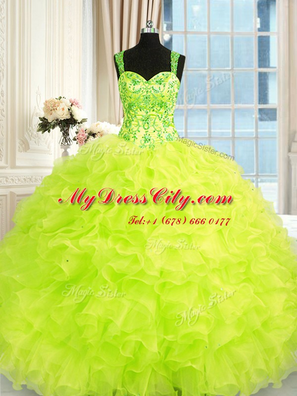 Top Selling Organza Straps Sleeveless Lace Up Beading and Embroidery and Ruffles Quinceanera Dresses in Yellow Green