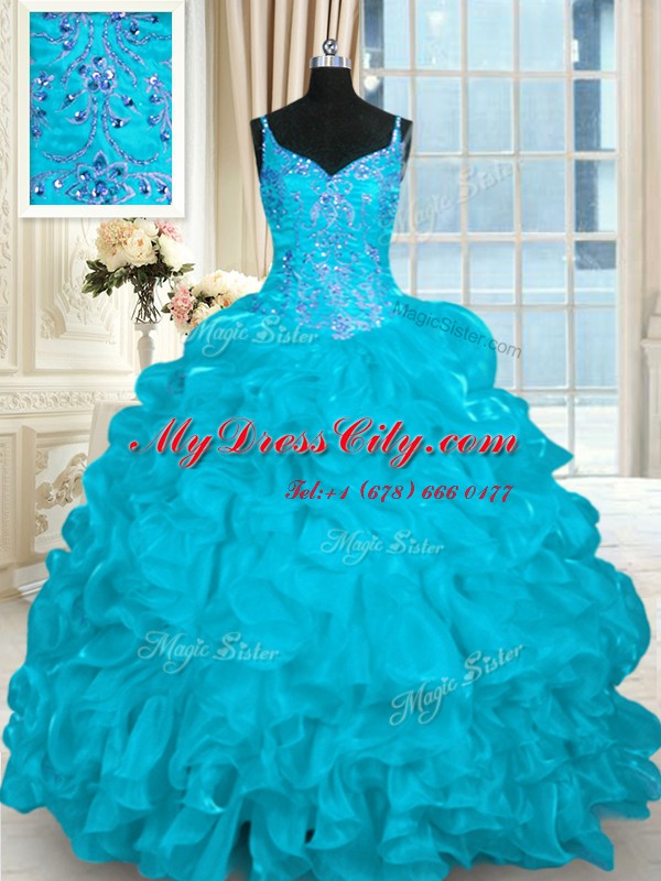 Graceful Aqua Blue Vestidos de Quinceanera Military Ball and Sweet 16 and Quinceanera and For with Beading and Embroidery and Ruffles Spaghetti Straps Sleeveless Brush Train Lace Up