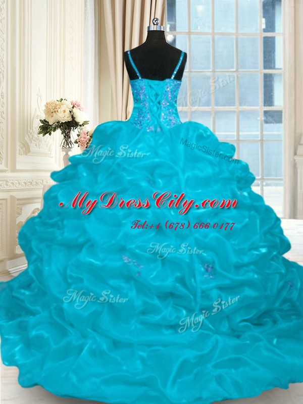 Graceful Aqua Blue Vestidos de Quinceanera Military Ball and Sweet 16 and Quinceanera and For with Beading and Embroidery and Ruffles Spaghetti Straps Sleeveless Brush Train Lace Up