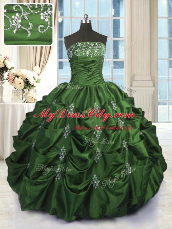 Green Strapless Neckline Beading and Appliques and Embroidery and Pick Ups Sweet 16 Dress Sleeveless Lace Up