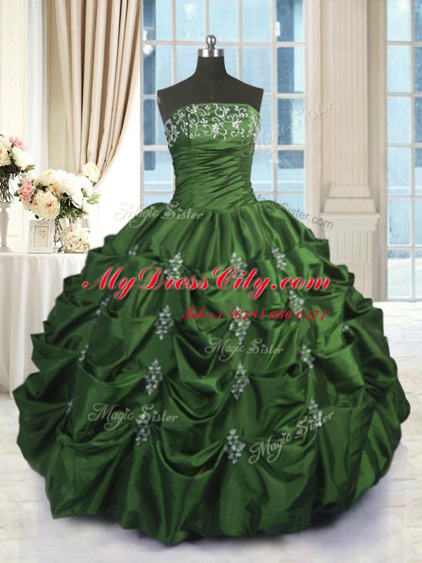 Green Strapless Neckline Beading and Appliques and Embroidery and Pick Ups Sweet 16 Dress Sleeveless Lace Up