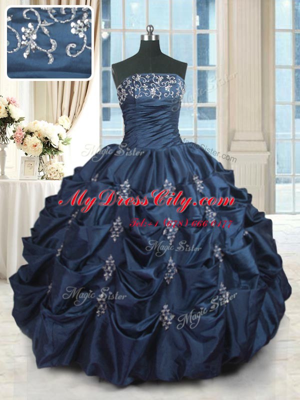 Pick Ups Floor Length Navy Blue Quinceanera Gowns Strapless Sleeveless Lace Up