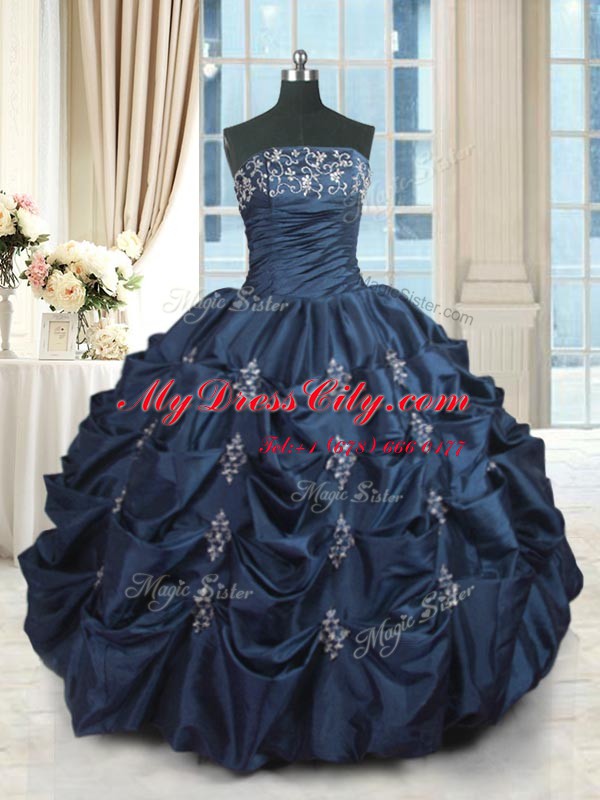 Pick Ups Floor Length Navy Blue Quinceanera Gowns Strapless Sleeveless Lace Up