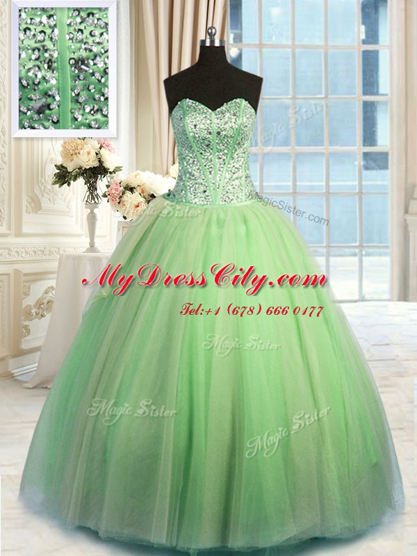 Green Organza Lace Up Sweetheart Sleeveless Floor Length Sweet 16 Quinceanera Dress Beading and Ruching