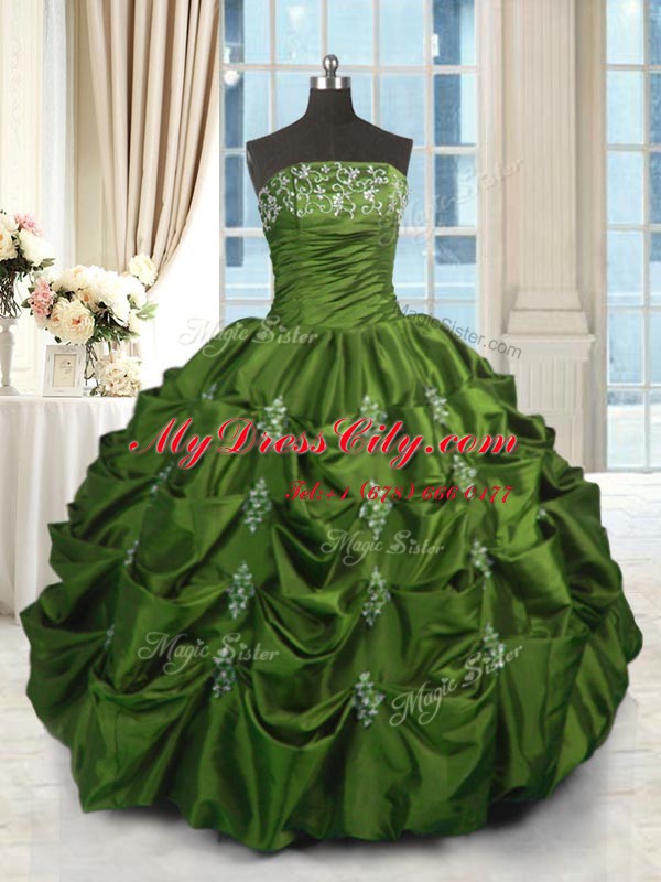 Green Taffeta Lace Up Strapless Sleeveless Floor Length Sweet 16 Dresses Beading and Appliques and Embroidery and Pick Ups