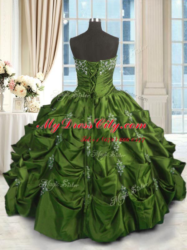 Green Taffeta Lace Up Strapless Sleeveless Floor Length Sweet 16 Dresses Beading and Appliques and Embroidery and Pick Ups