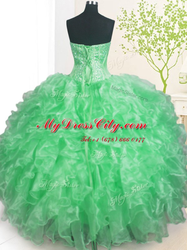 Admirable Apple Green Ball Gowns Organza Sweetheart Sleeveless Beading and Ruffles and Pick Ups Floor Length Lace Up Quince Ball Gowns