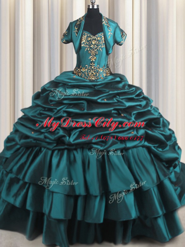 Admirable With Train Teal Quinceanera Gown Taffeta Brush Train Sleeveless Beading and Appliques and Pick Ups