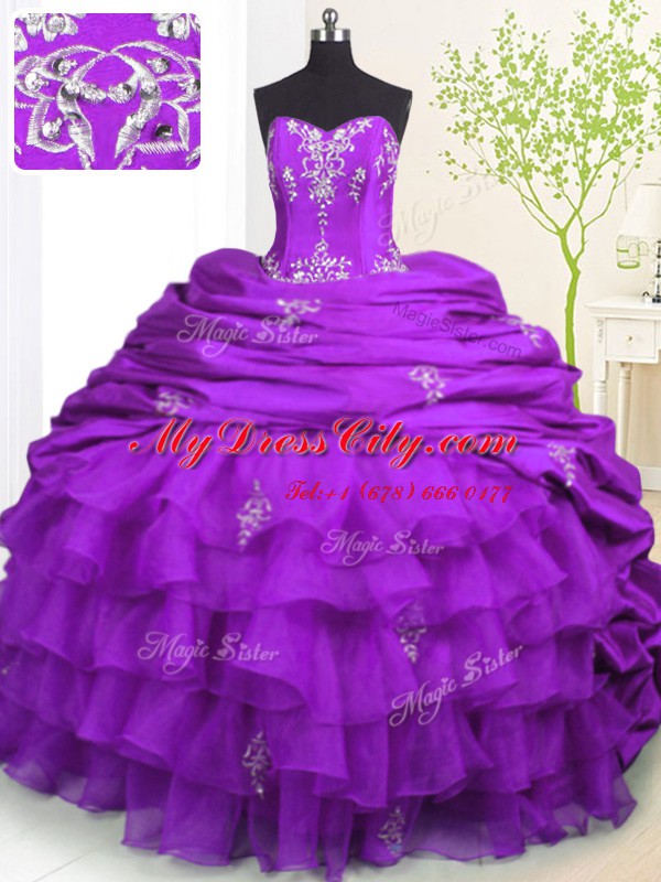 Purple Sleeveless With Train Beading and Appliques and Ruffled Layers and Pick Ups Lace Up 15 Quinceanera Dress