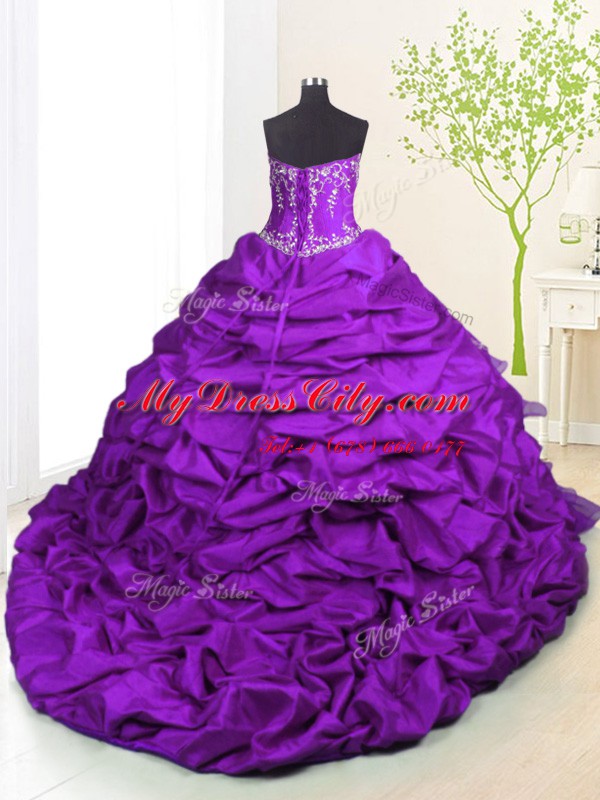 Purple Sleeveless With Train Beading and Appliques and Ruffled Layers and Pick Ups Lace Up 15 Quinceanera Dress