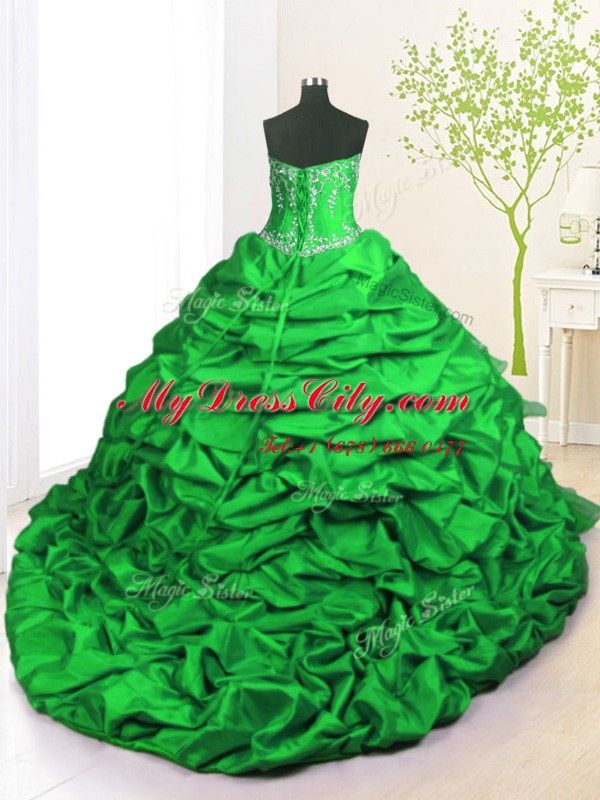 Affordable Pick Ups Ruffled With Train Green Vestidos de Quinceanera Strapless Sleeveless Brush Train Lace Up