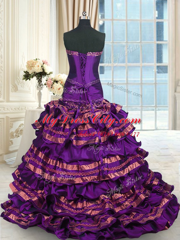 Artistic Purple A-line Sweetheart Sleeveless Taffeta Brush Train Lace Up Appliques and Ruffled Layers and Bowknot Sweet 16 Quinceanera Dress