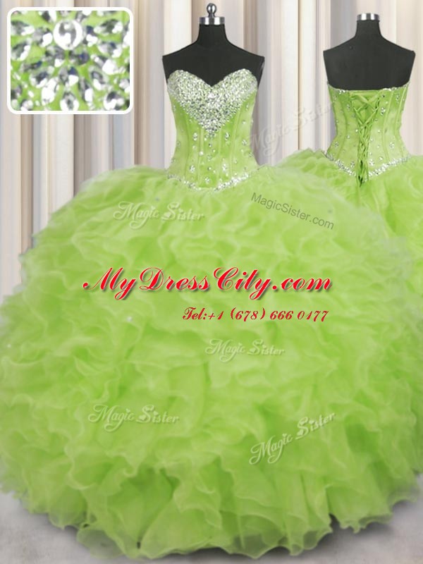 Yellow Green Sleeveless Floor Length Beading and Ruffles Lace Up Ball Gown Prom Dress